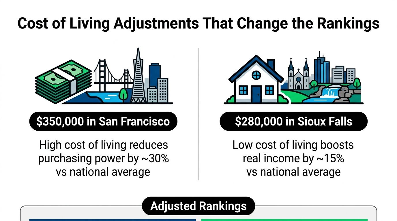 An infographic showing how cost of living adjustments in San Francisco and Sioux Falls impact real income.
