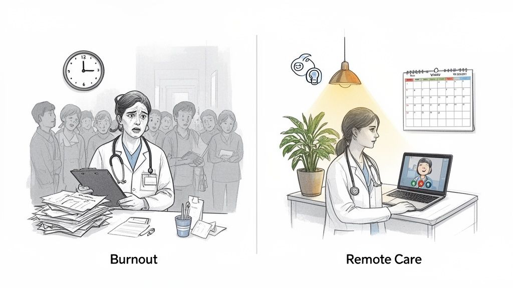 A two-panel image comparing a stressed doctor with a crowded waiting room and paperwork to a calm doctor providing remote care via laptop.