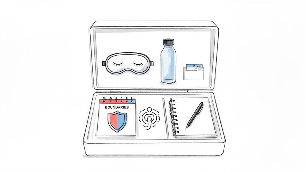 Illustration of an open self-care kit containing a sleep mask, water bottle, and journals.