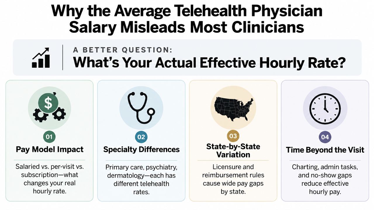 An infographic titled Why the Average Telehealth Physician Salary Misleads Most Clinicians with four key factors.