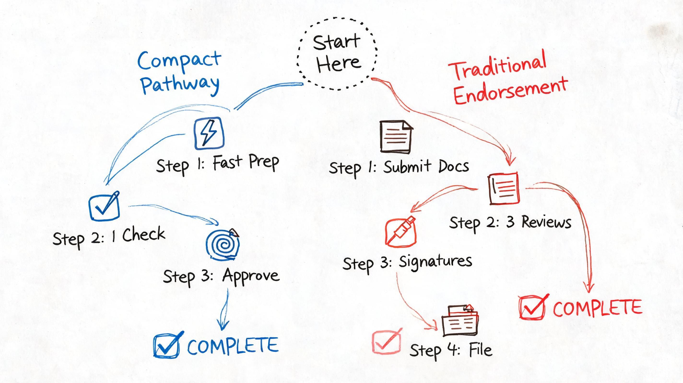 A flowchart comparing the streamlined Compact Pathway and the traditional Traditional Endorsement process for medical licensing.