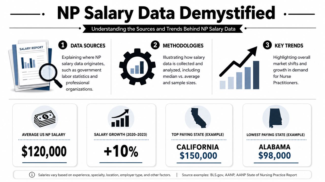 An infographic titled NP Salary Data Demystified showing US nurse practitioner salary trends and statistical data.