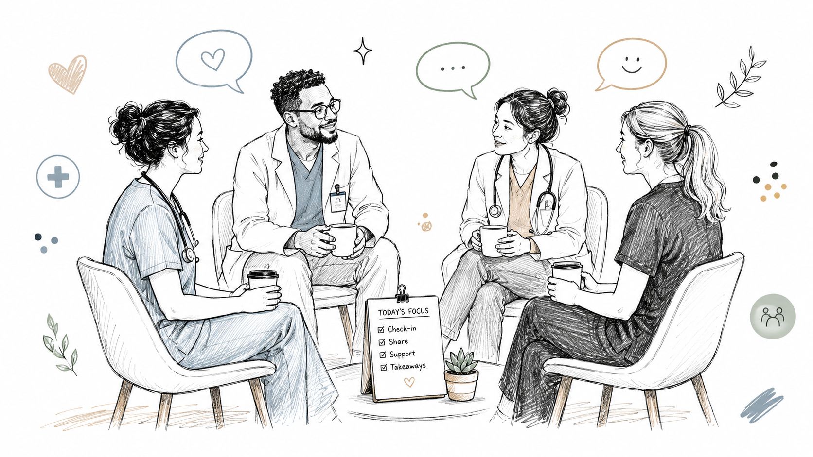A team of four medical professionals sitting in a circle for a supportive group meeting session.