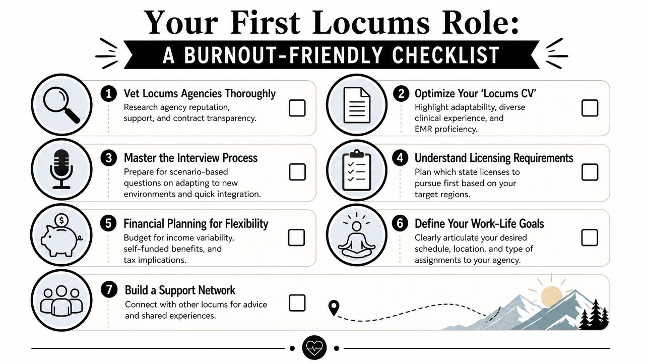 A burnout-friendly checklist for your first locums medical role, featuring seven essential steps for career preparation.