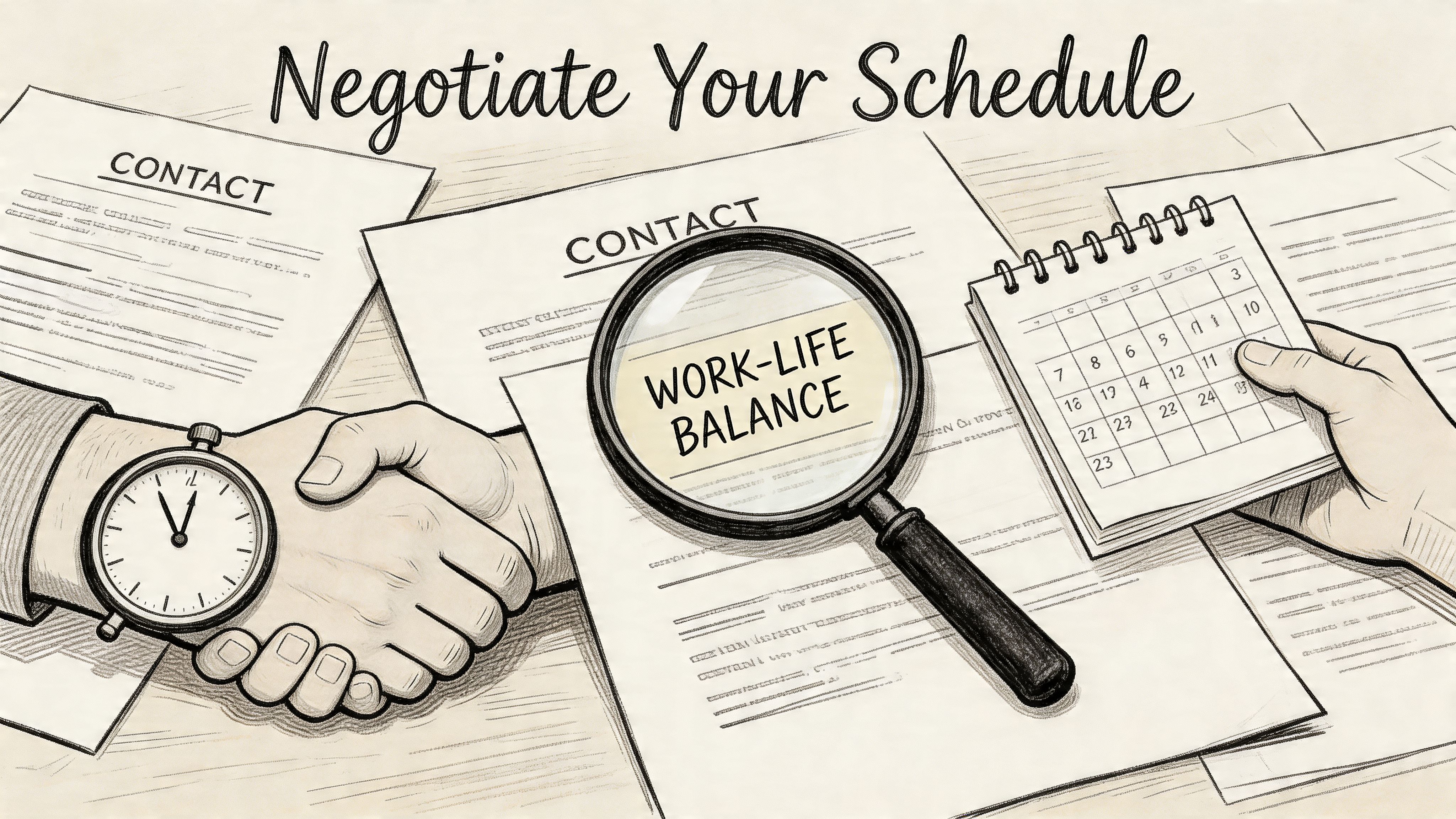 A conceptual illustration showing a handshake over documents, representing negotiation for improved work-life balance.