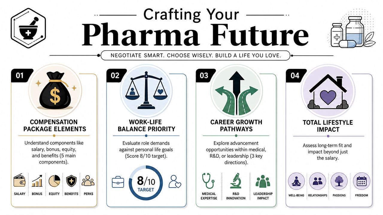 An infographic outlining four key steps for career planning within the pharmaceutical industry for medical professionals.