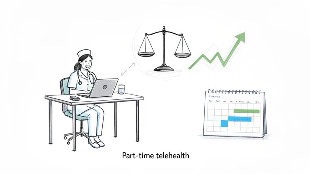 A nurse works on a laptop for part-time telehealth, balancing work with growth and a flexible schedule.