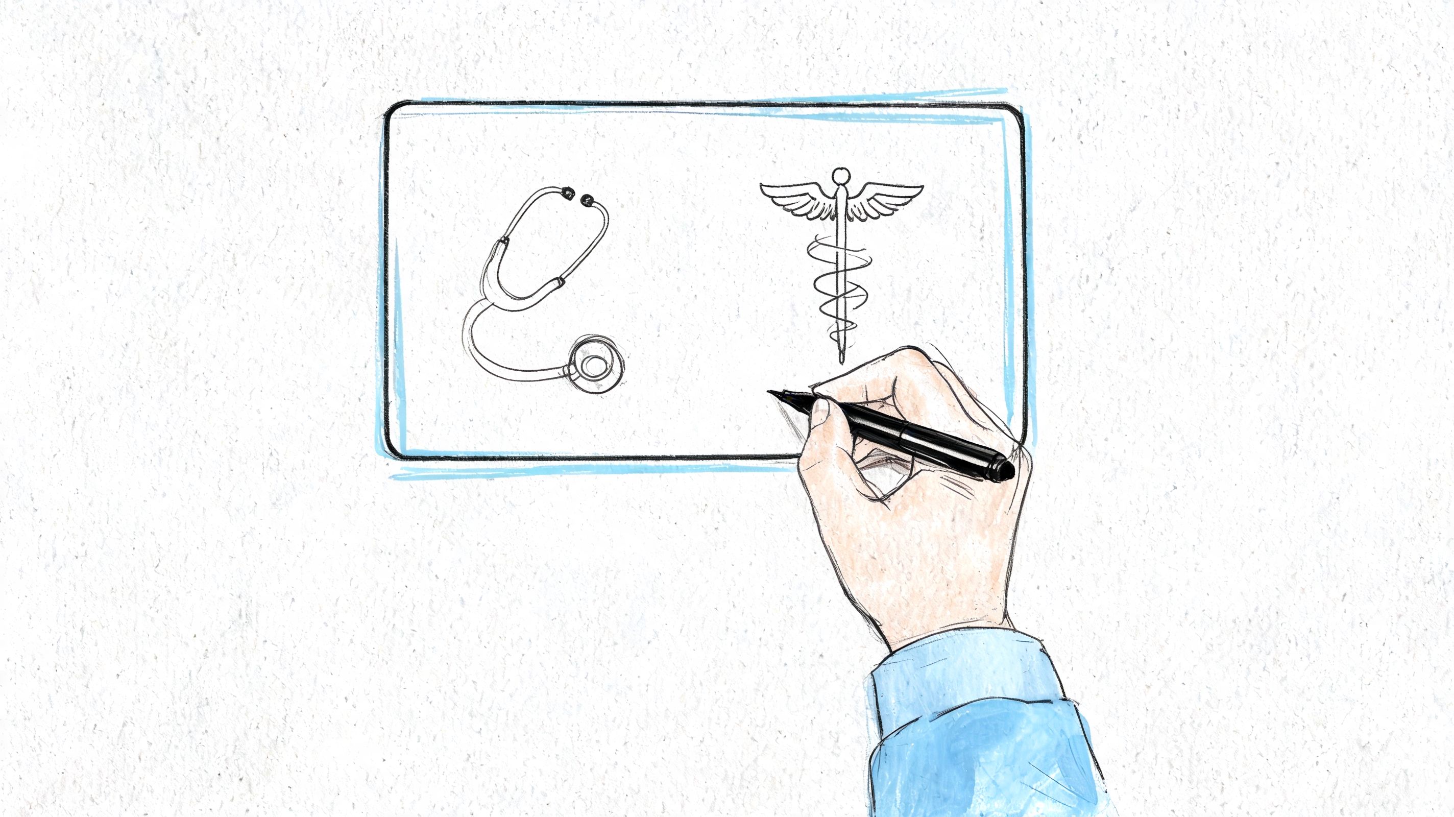 A hand drawing a stethoscope and caduceus symbol on a tablet, representing medical and telemedicine concepts.