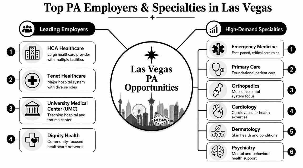 An infographic showing top PA employers and high-demand medical specialties for physician assistants in Las Vegas.