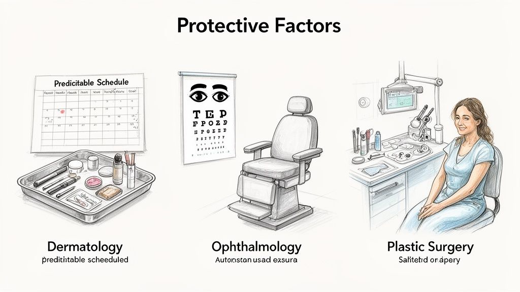 Three panels illustrating medical specialties: Dermatology, Ophthalmology, and Plastic Surgery, with their respective tools and settings.