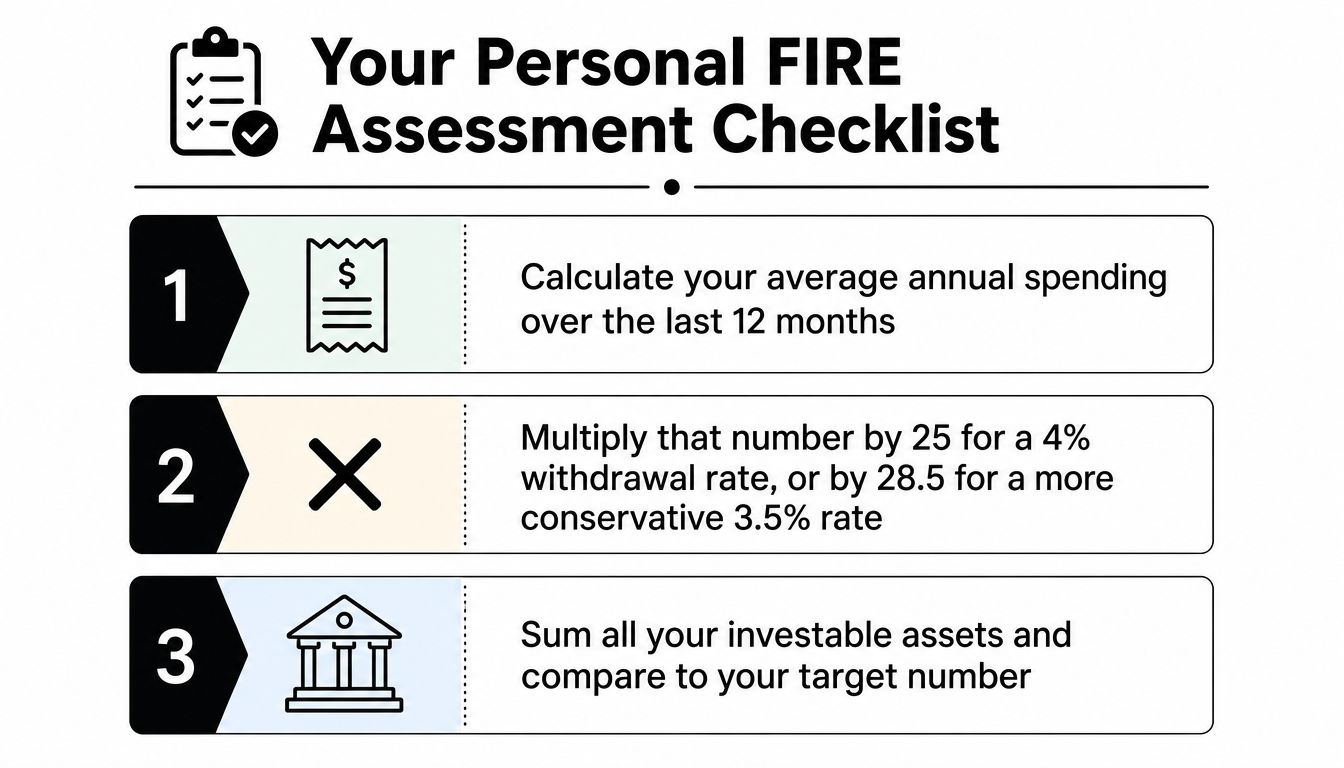 A simple checklist for calculating personal financial independence and retirement goals based on annual spending and assets.