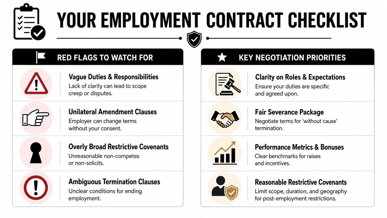 An infographic titled Your Employment Contract Checklist comparing red flags to watch for against key negotiation priorities.