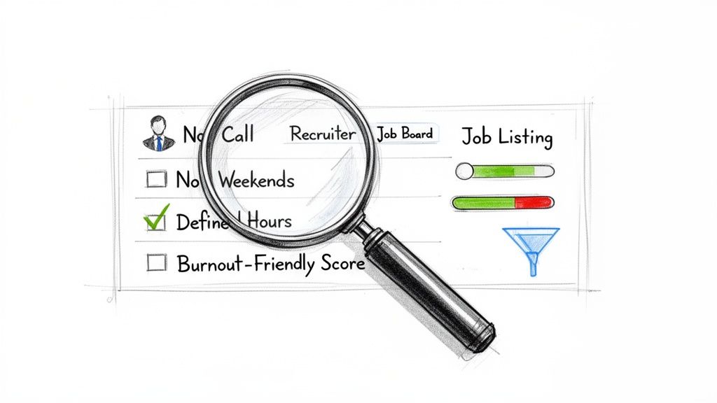 A magnifying glass highlights 'Defined Hours' on a job search checklist, alongside filters and progress bars.