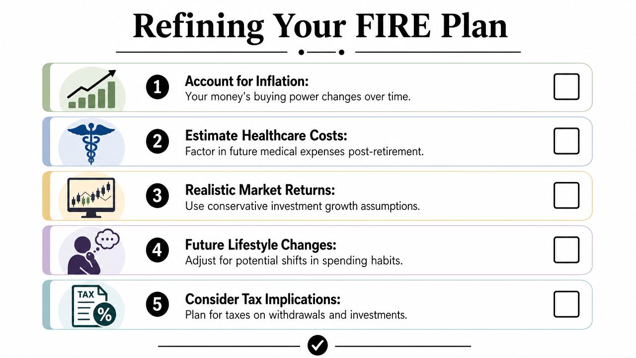 A checklist titled Refining Your FIRE Plan listing five essential factors for retirement planning success.