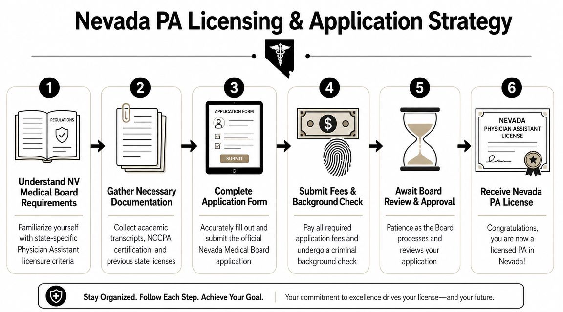 A six-step infographic outlining the process for obtaining a Physician Assistant license in Nevada.