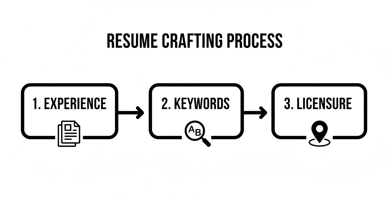 Flowchart illustrating the resume crafting process with steps: experience, keywords, and licensure requirements.