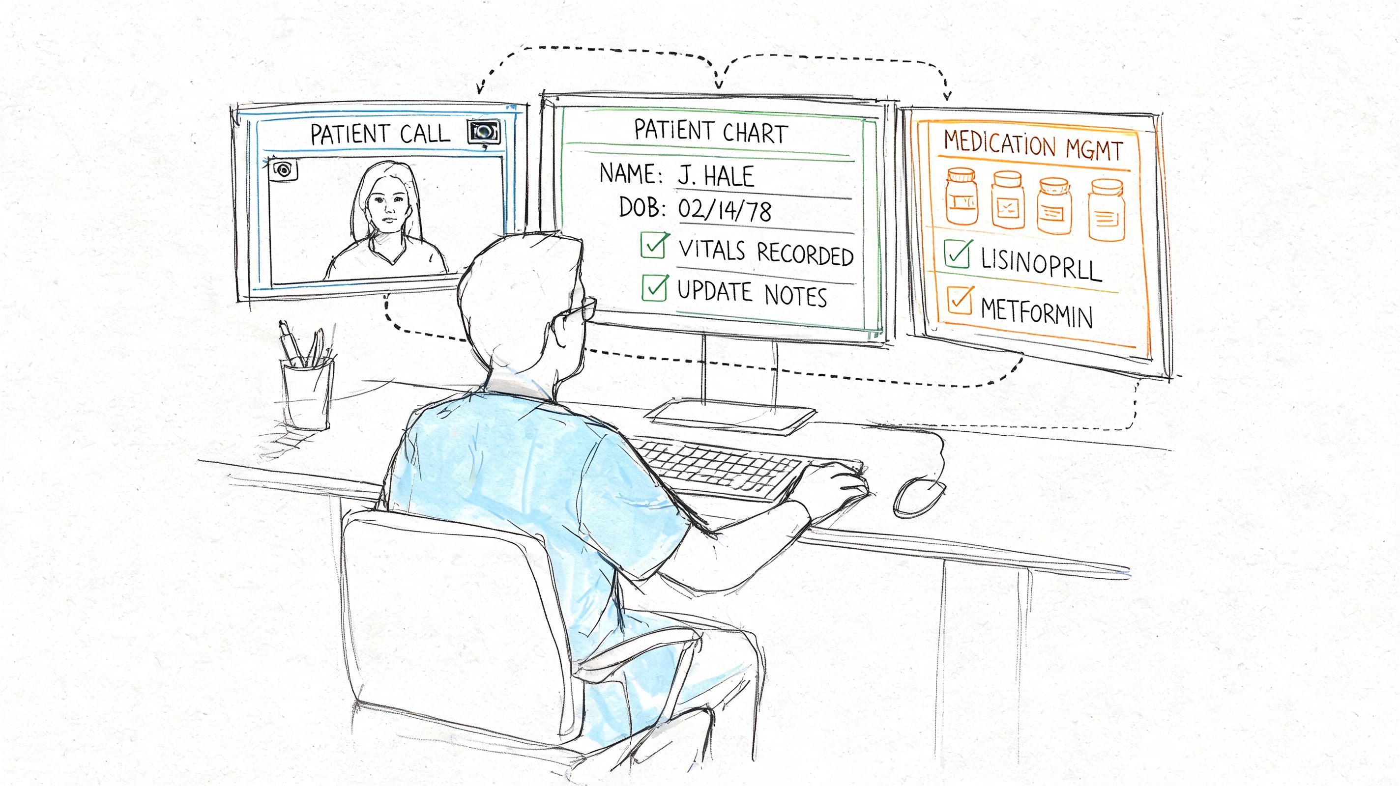 A healthcare provider managing patient care during a remote telemedicine session using multiple computer screens.