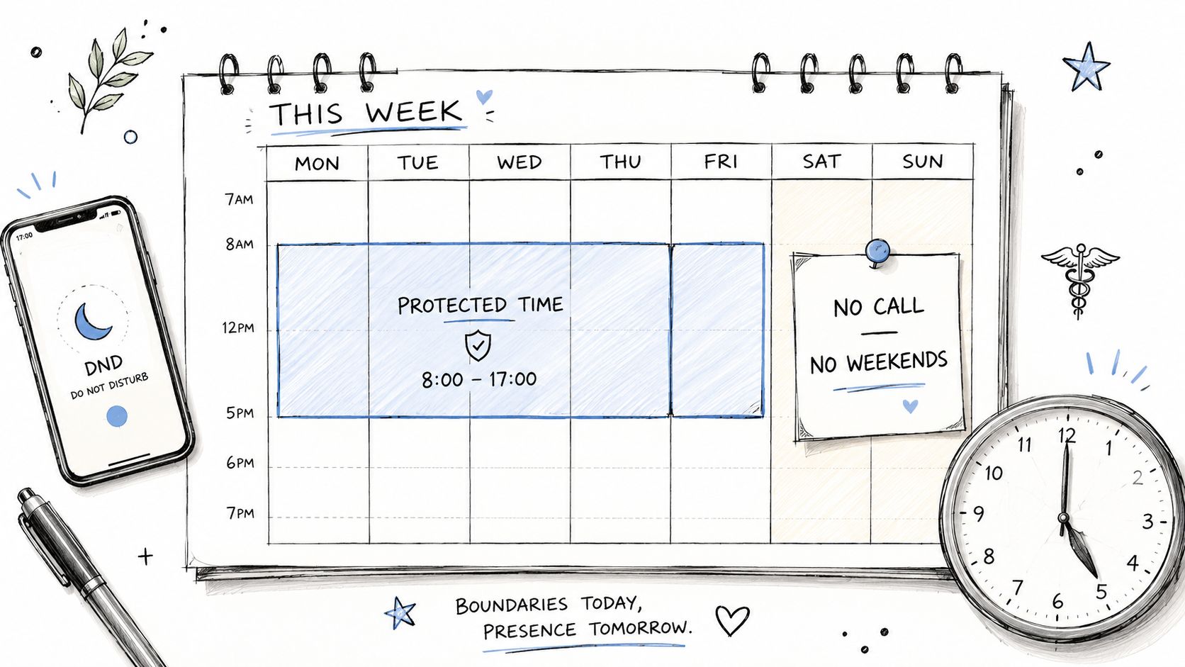 A hand-drawn calendar illustration representing work-life balance with protected time, no calls, and weekend boundaries for doctors.