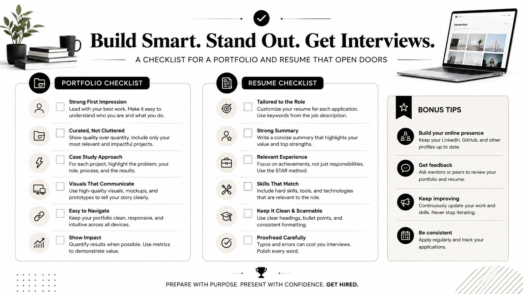 An infographic checklist for creating an effective portfolio and resume to help job seekers get hired.