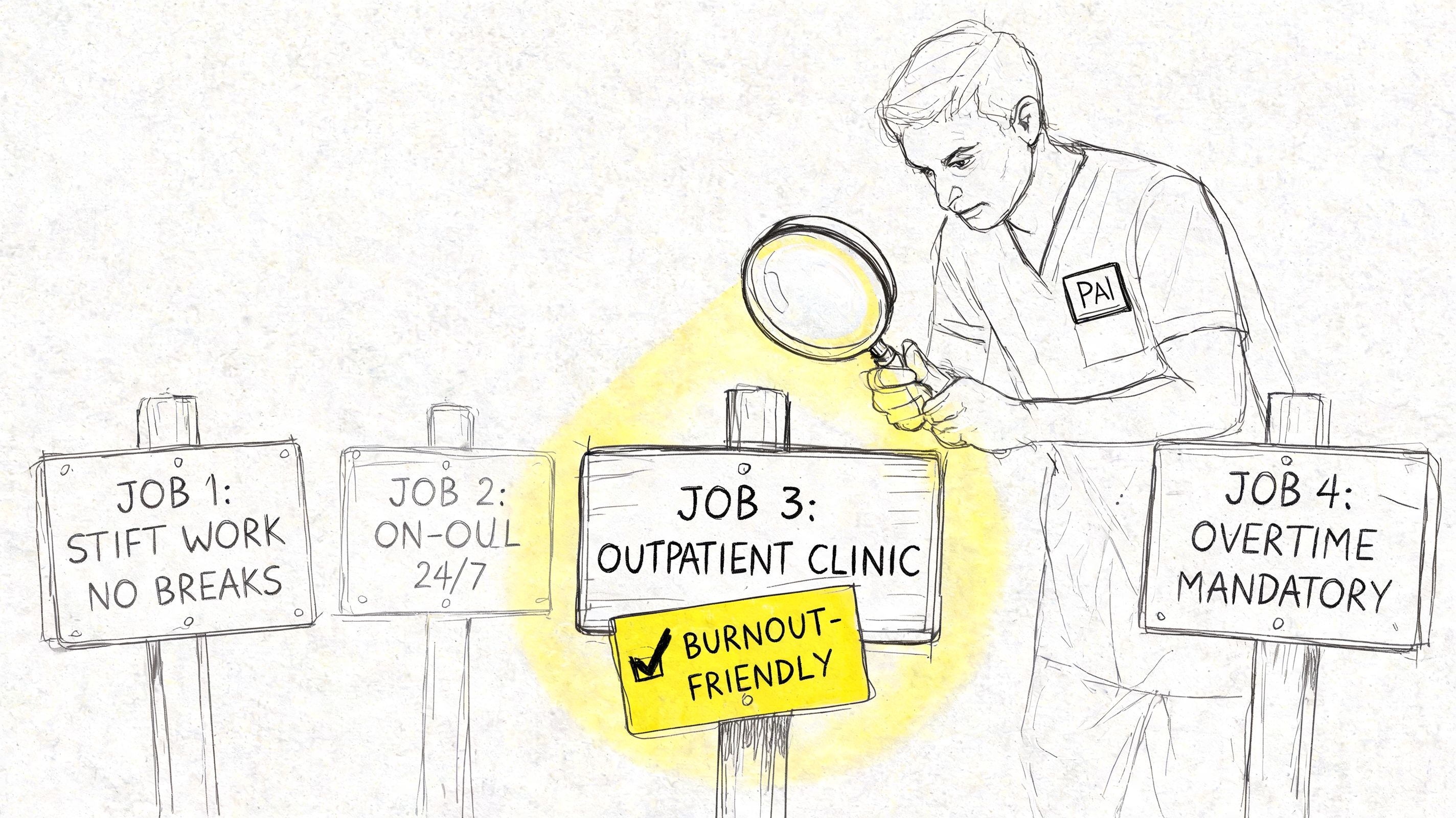 A Physician Assistant examining four job signs, with an outpatient clinic marked as burnout-friendly.