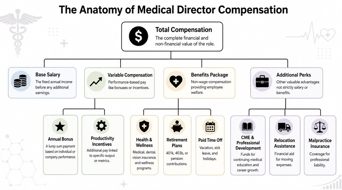 An organizational chart showing the breakdown of medical director compensation including salary, benefits, bonuses, and additional perks.