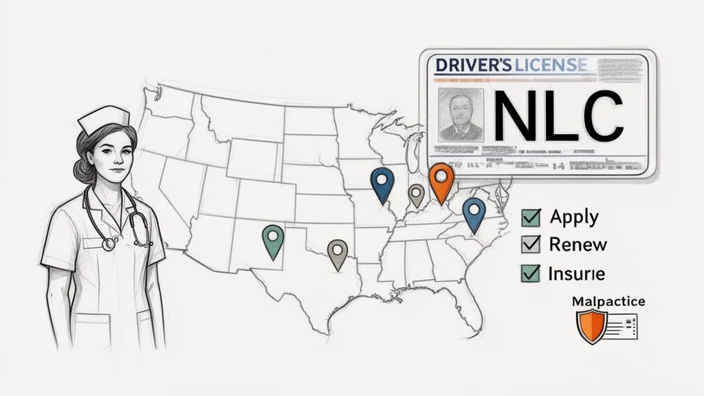 Illustration of a nurse, US map, and a NLC license with options to apply, renew, and get malpractice insurance.