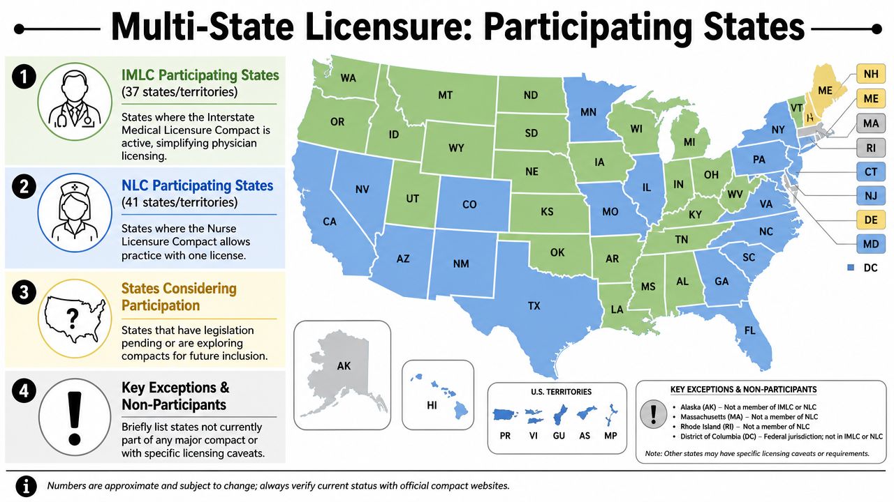 A map of the United States showing participating states for the IMLC and NLC medical licensing compacts.
