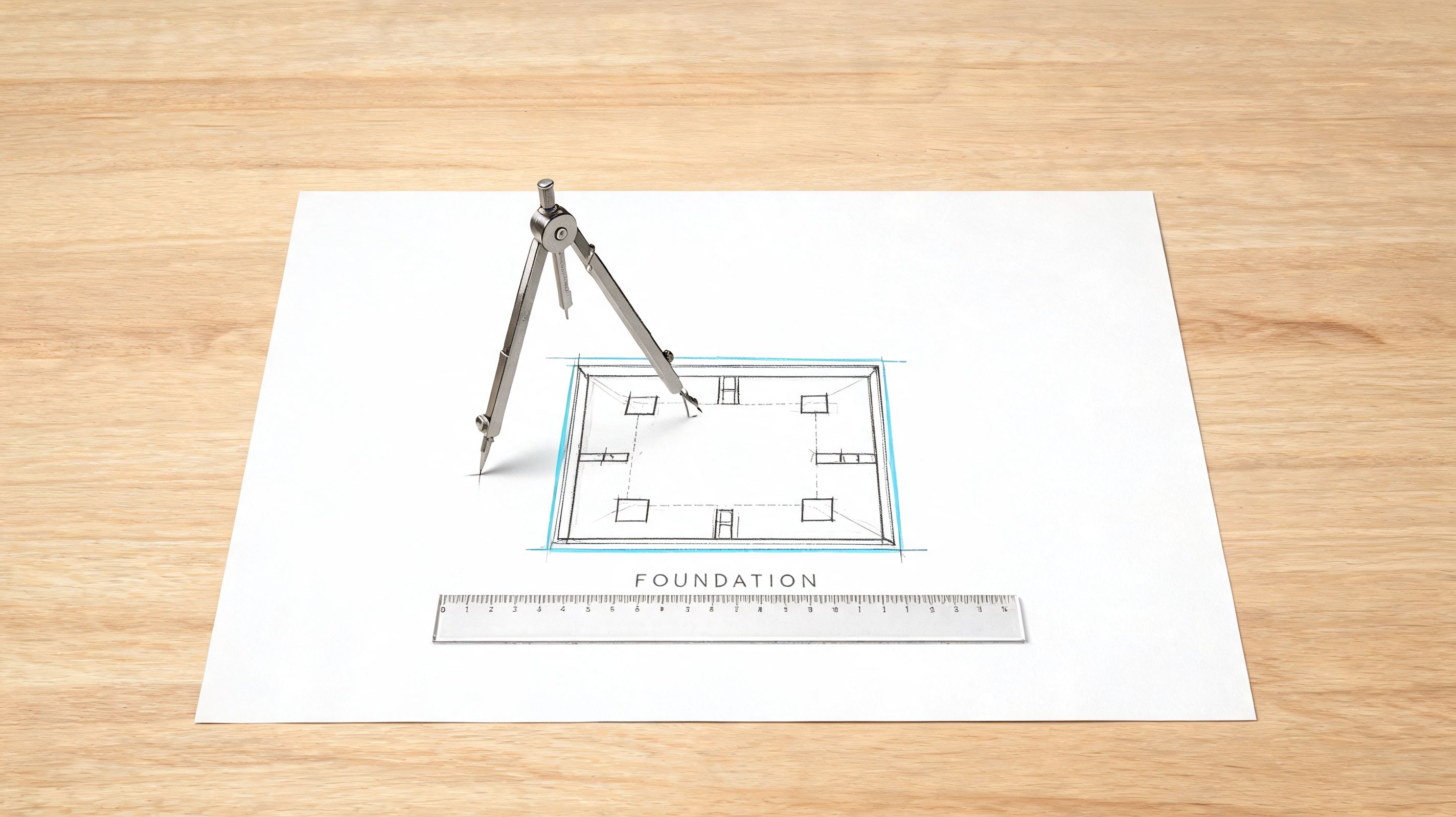 A pair of drafting compasses placed on a white paper architectural blueprint showing a building foundation plan.