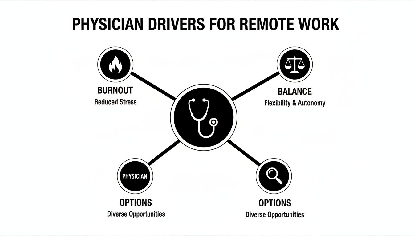 Infographic showing physician drivers for remote work: reducing burnout, finding balance, and diverse job options.