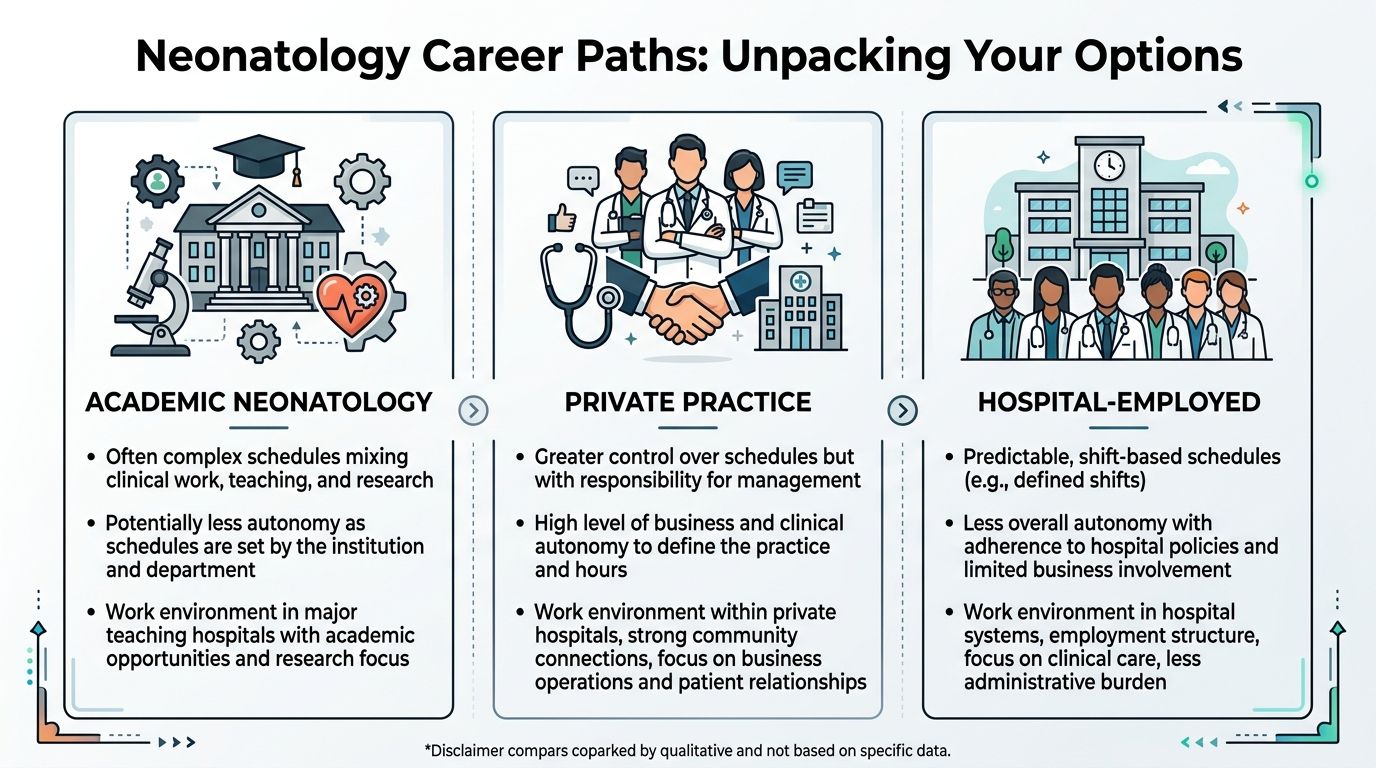 A diagram illustrating three different career paths for neonatologists including academic, private practice, and hospital-employed roles.