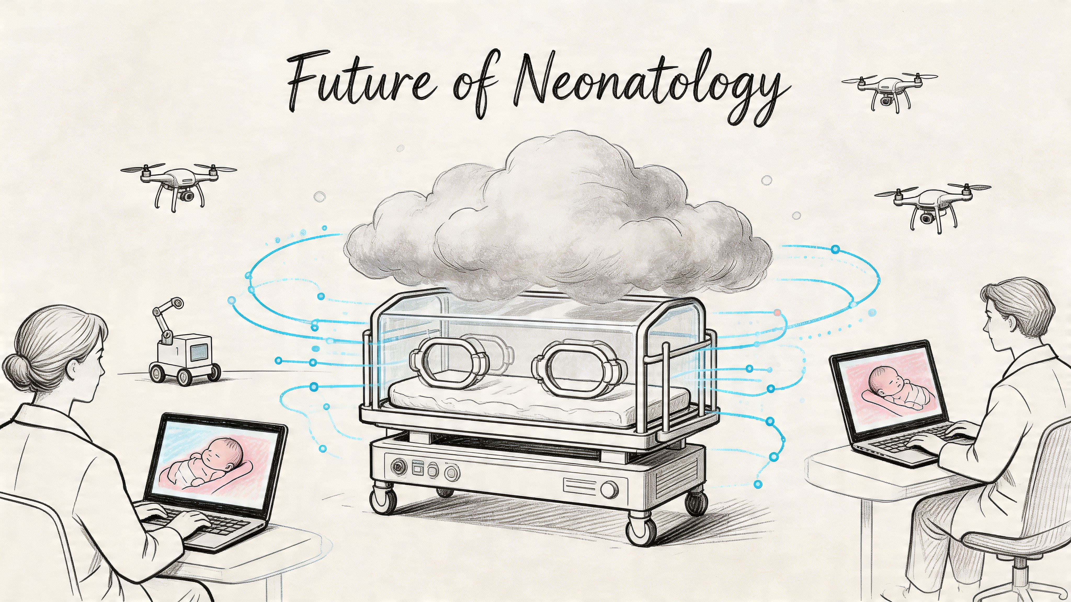 A digital illustration showing doctors monitoring a newborn in an incubator connected to cloud technology and drones.