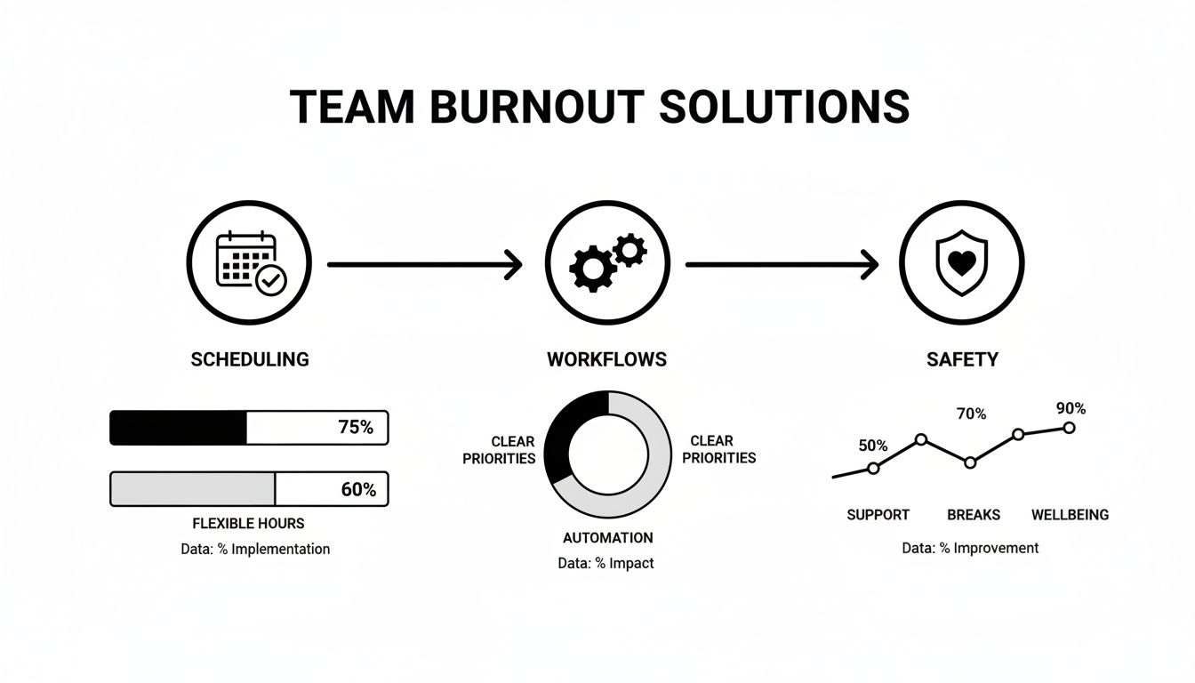 Infographic showing team burnout solutions with data on scheduling, workflows, and safety improvements.