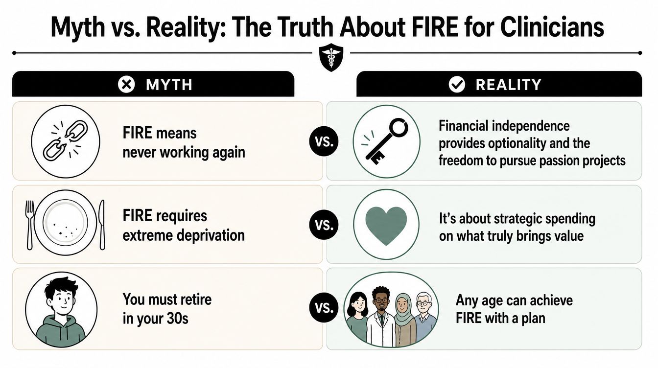 An infographic titled Myth vs. Reality exploring common misconceptions about the Financial Independence Retire Early movement for clinicians.
