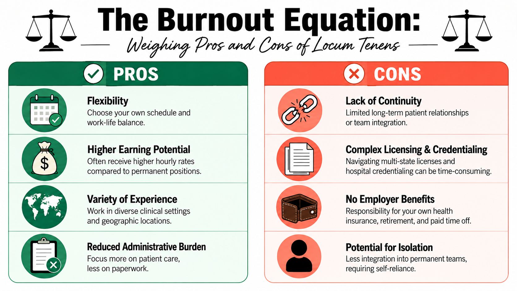 A comparison infographic titled The Burnout Equation weighing the pros and cons of locum tenens medical work.