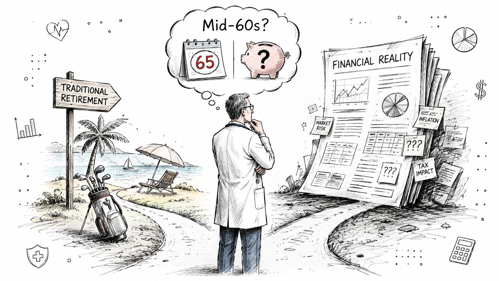 A doctor contemplating the financial reality of retirement versus the traditional expectation of stopping work at 65.