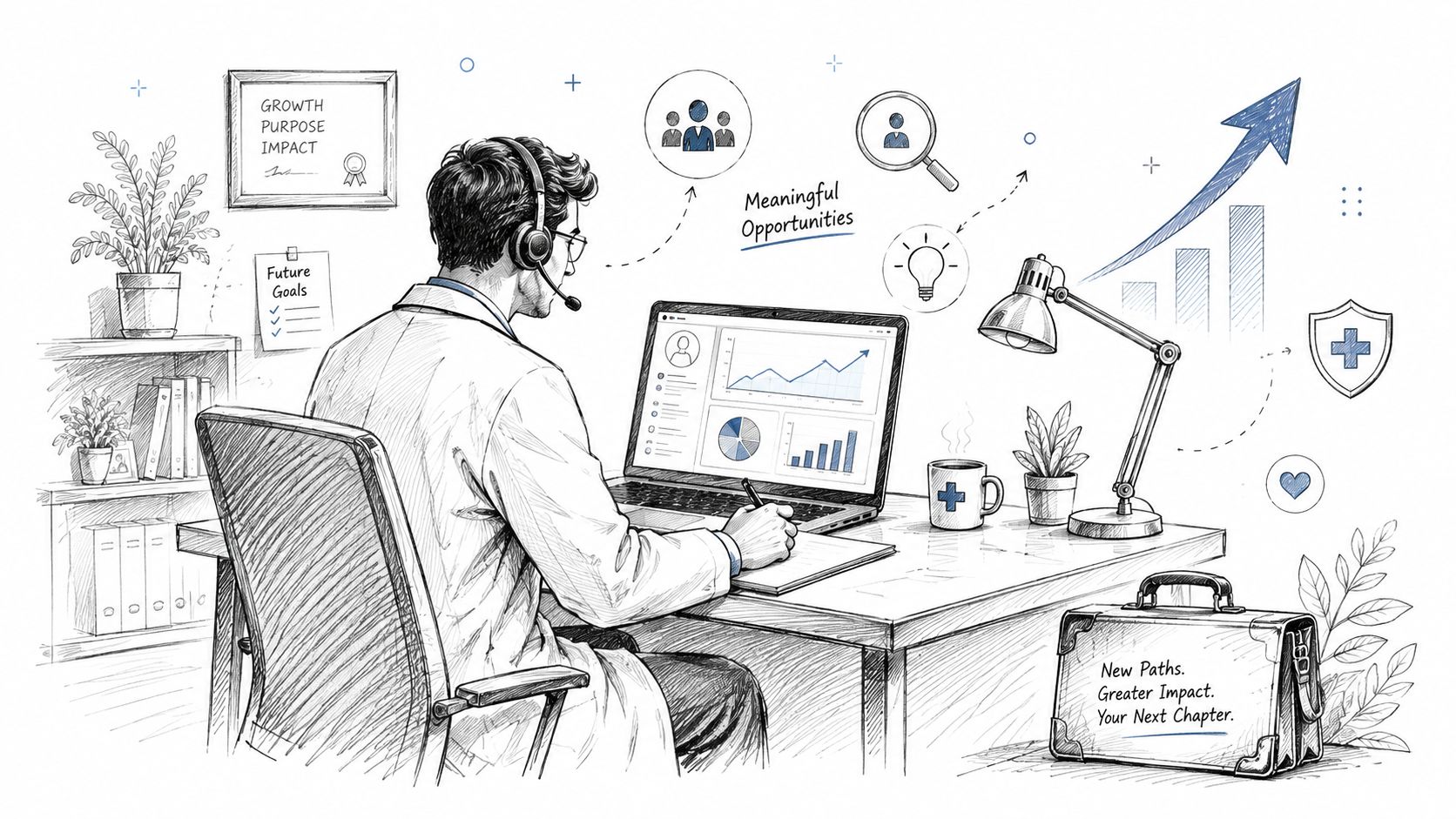 A professional utilization review physician working at a desk with a laptop, headset, and office supplies.