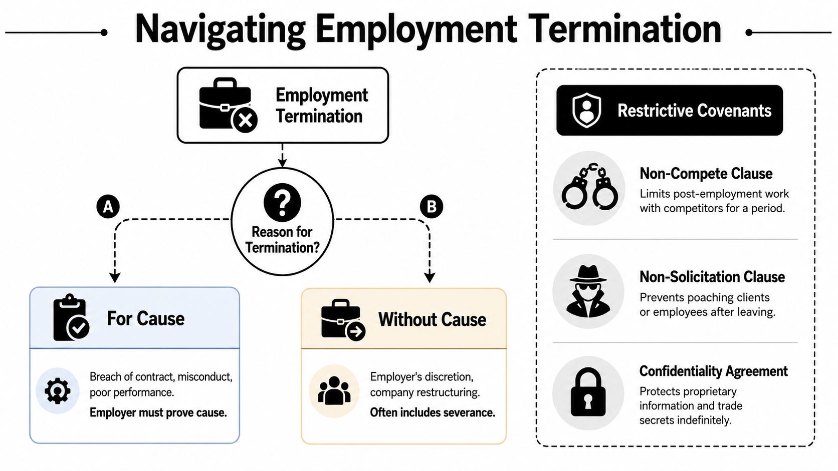 A flowchart outlining the differences between for-cause and without-cause employment termination, alongside common restrictive covenants.