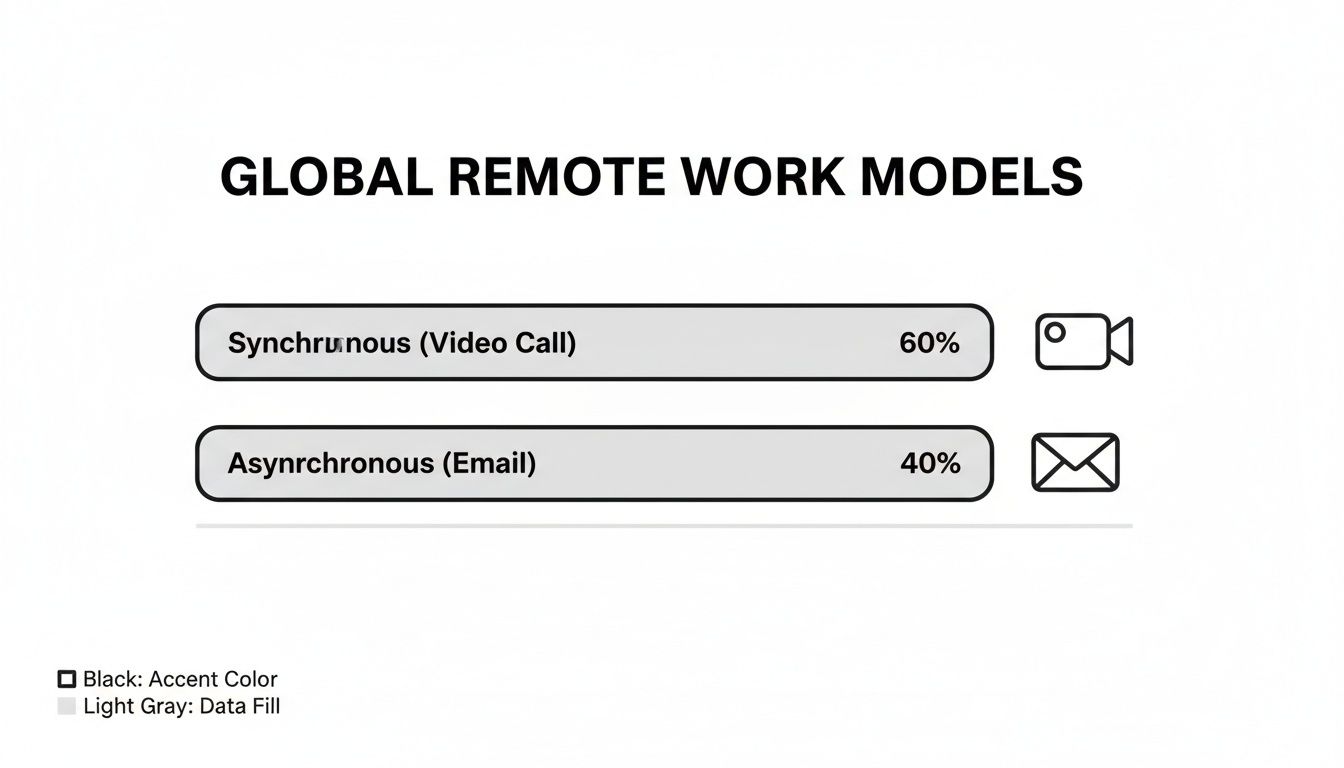 A bar chart illustrating global remote work models: 60% synchronous (video call) and 40% asynchronous (email).