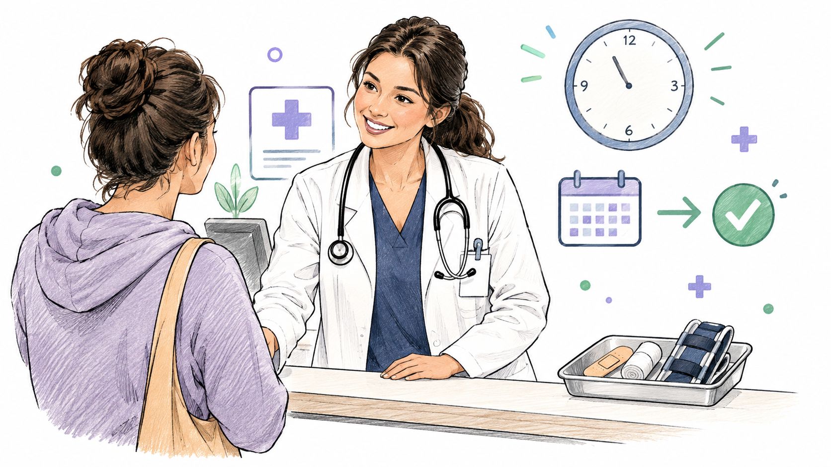 A friendly female doctor smiling at a patient at an office reception desk with medical scheduling icons