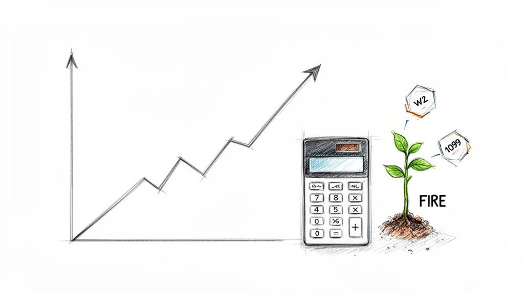 A sketch illustrating a rising graph, a calculator, and a plant labeled 'FIRE' with 'W2' and '1099' forms, representing financial growth.