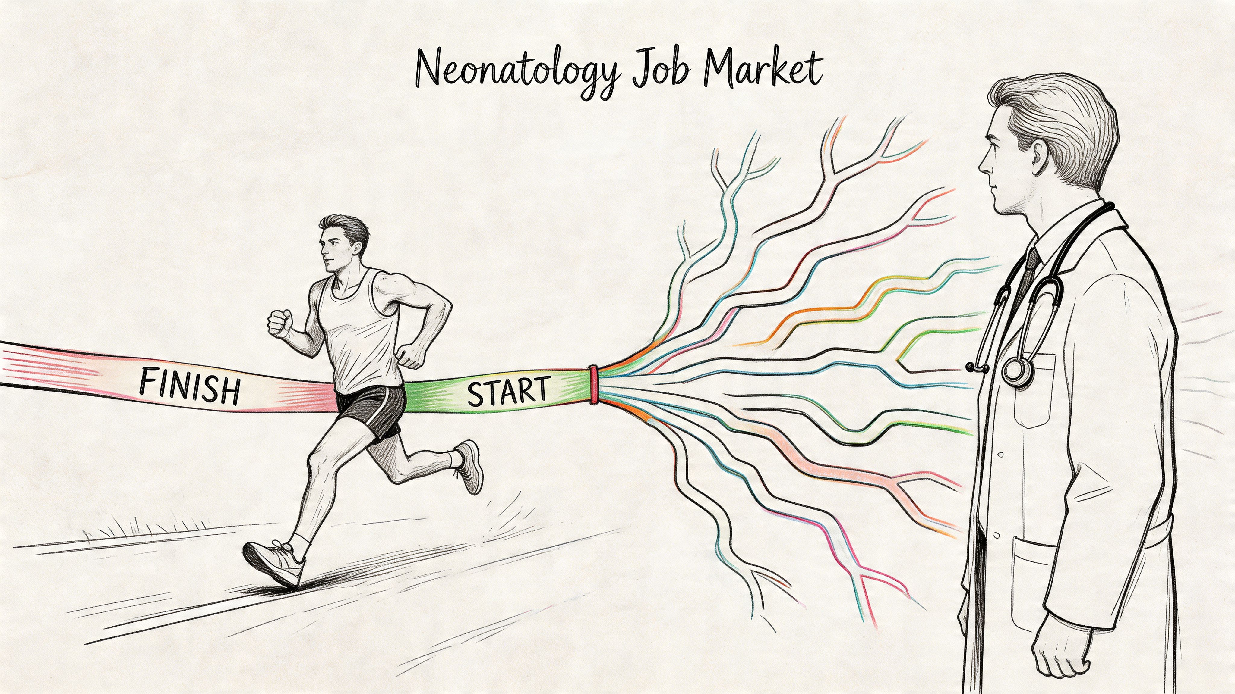 A conceptual illustration representing the neonatology job market with a runner and a doctor.