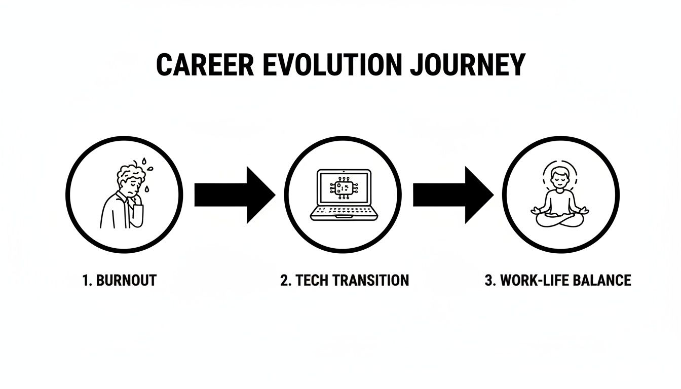 Diagram illustrating a career evolution journey from burnout through tech transition to work-life balance.