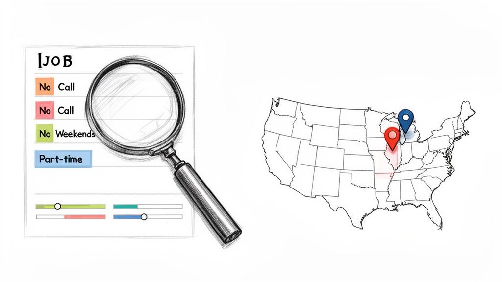 Job search filters for part-time and specific conditions alongside a US map with two location pins.