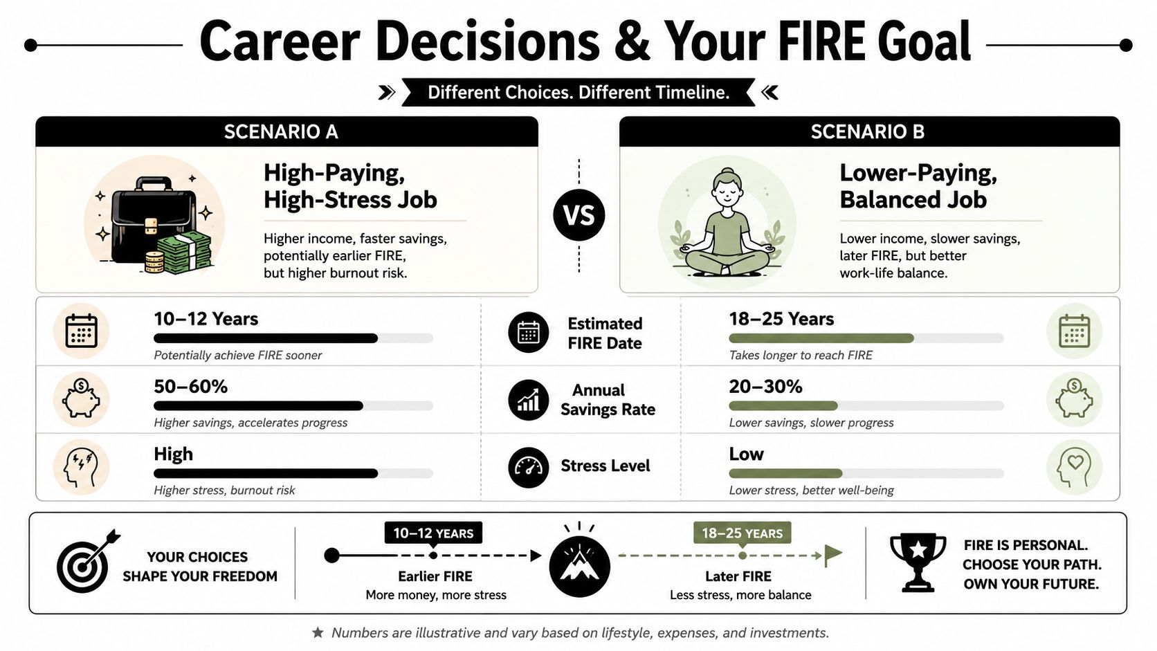 An infographic comparing two career paths for reaching financial independence, contrasting high-stress jobs with balanced career choices.