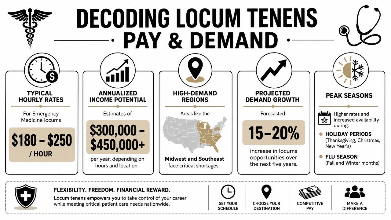 An infographic detailing locum tenens emergency medicine pay rates, regional demand, and career benefits for medical professionals.