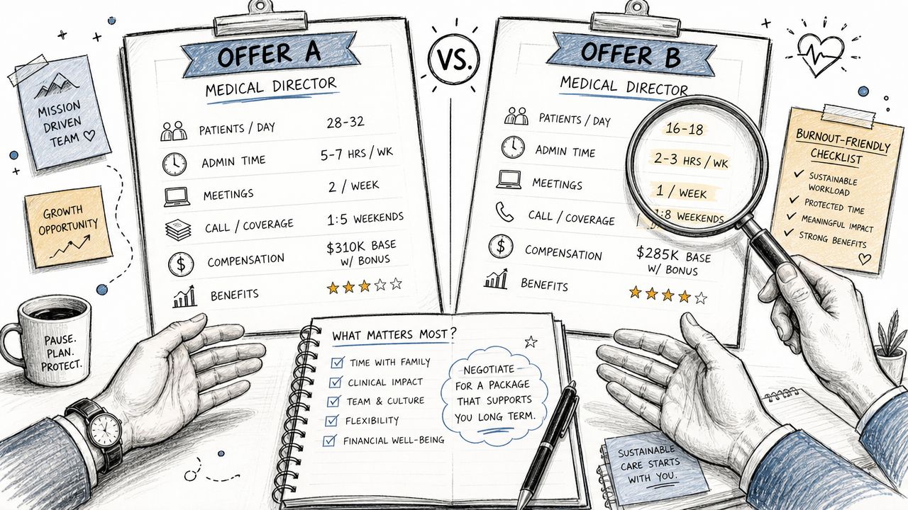 A professional comparing two job offers for a medical director position on a desk with checklists.