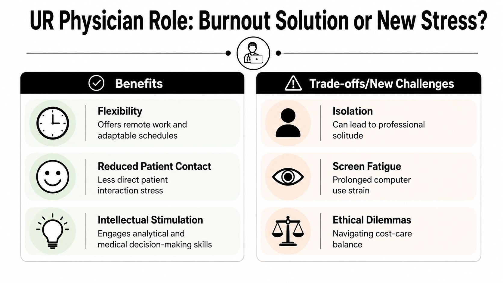 An infographic titled UR Physician Role comparing the benefits and challenges of working in utilization review.