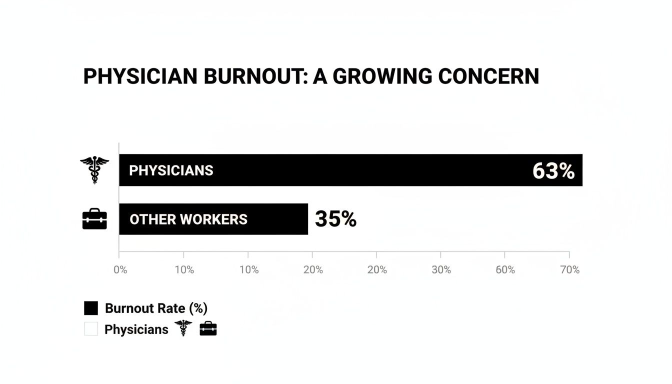 Bar chart comparing burnout rates: physicians at 63% and other workers at 35%.