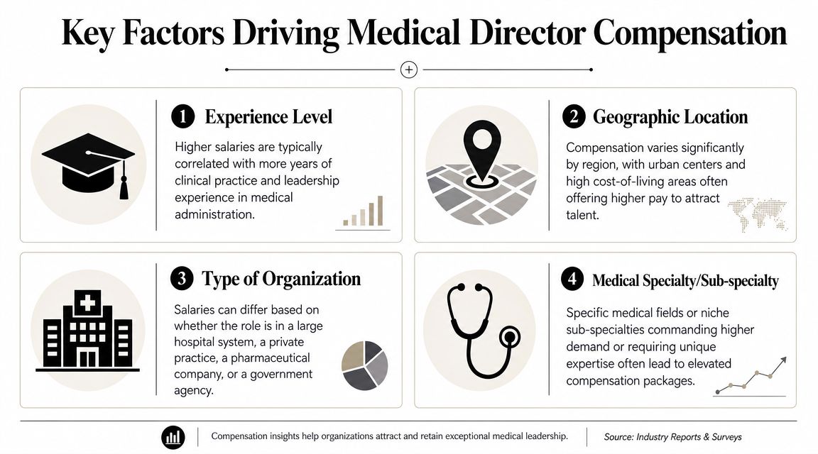 An infographic detailing four key factors that influence compensation packages for medical directors in various industries.