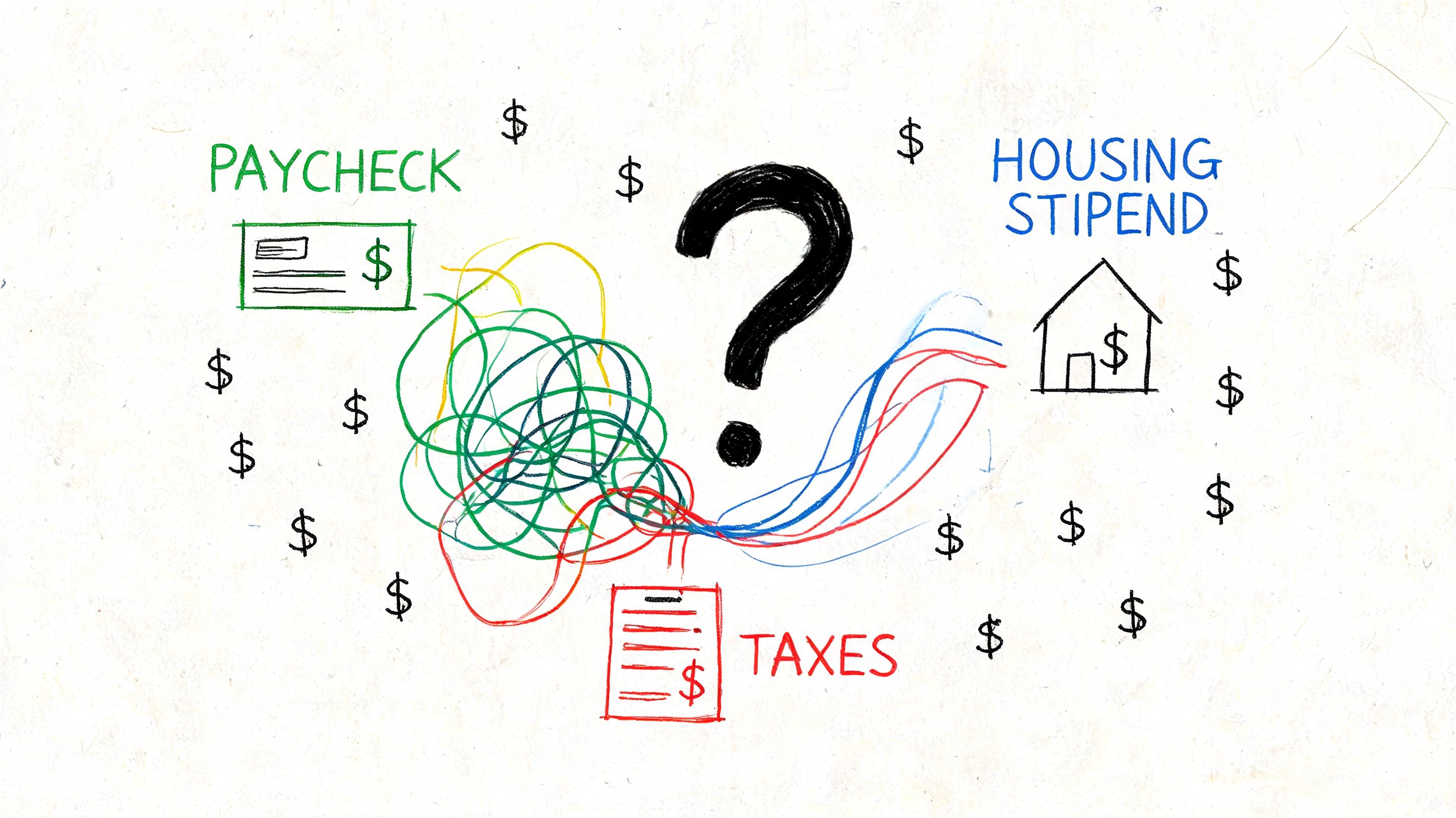 A conceptual illustration showing a question mark surrounded by symbols of paychecks, housing stipends, and complex tax paperwork.